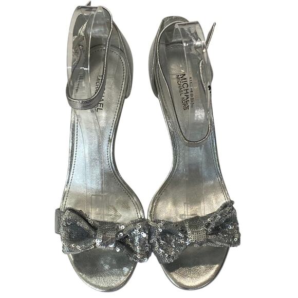 Michael Kors Paris Sequin Bow High Heel Dress Party Shoes Sandal Silver Size 7 - Picture 4 of 11